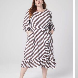 NEW**LANE BRYANT, POCKETS, LONG SLEEVE, LINED BROWN STRIP MIDI DRESS,